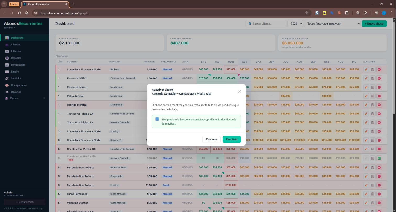 Reactivar abono — restaura la deuda previa automáticamente