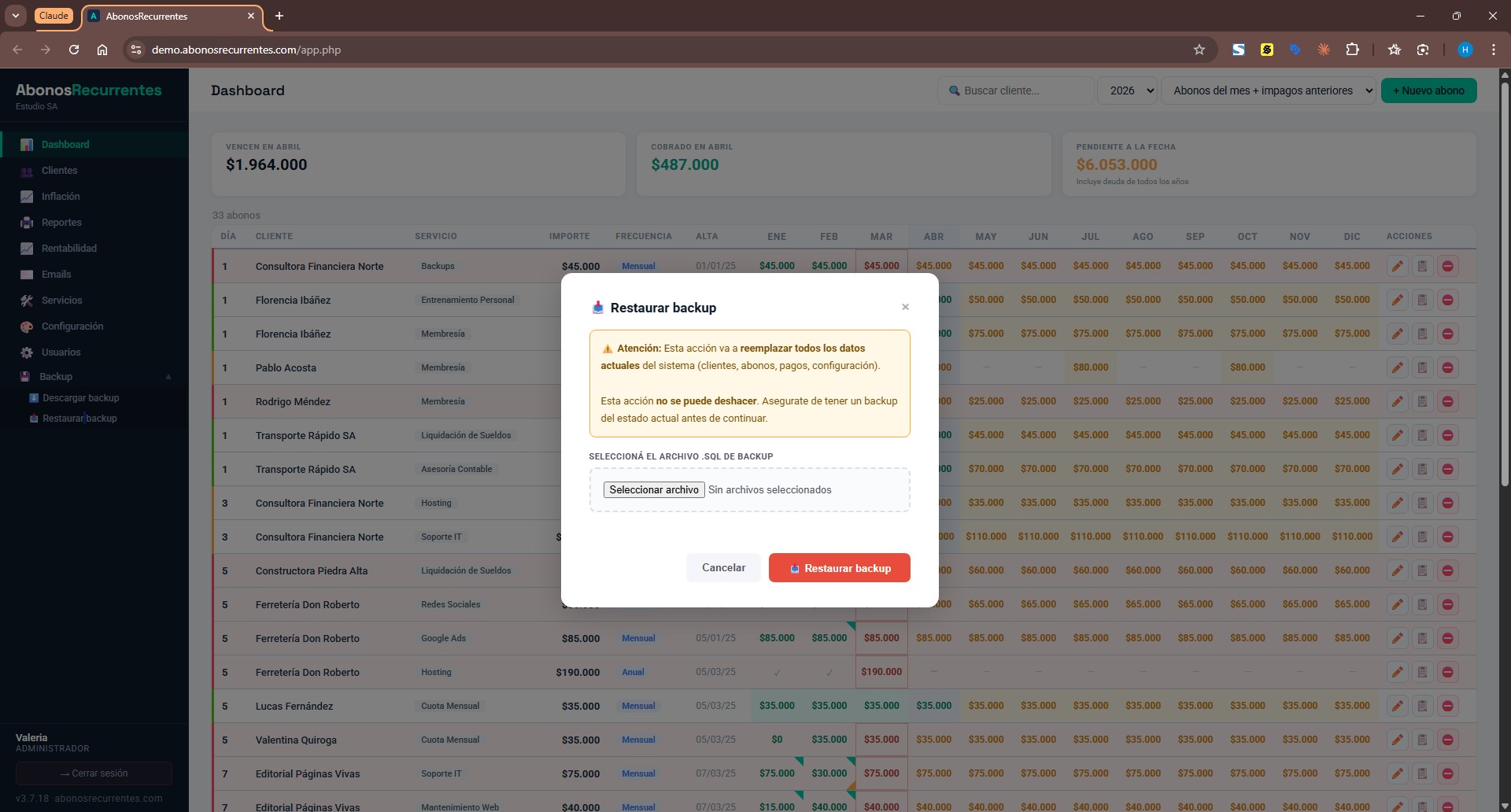Restaurar backup — reemplaza todos los datos con una copia guardada
